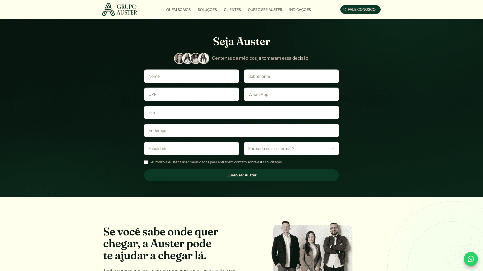 Formulário Quero ser Auster no site da Auster Saúde
