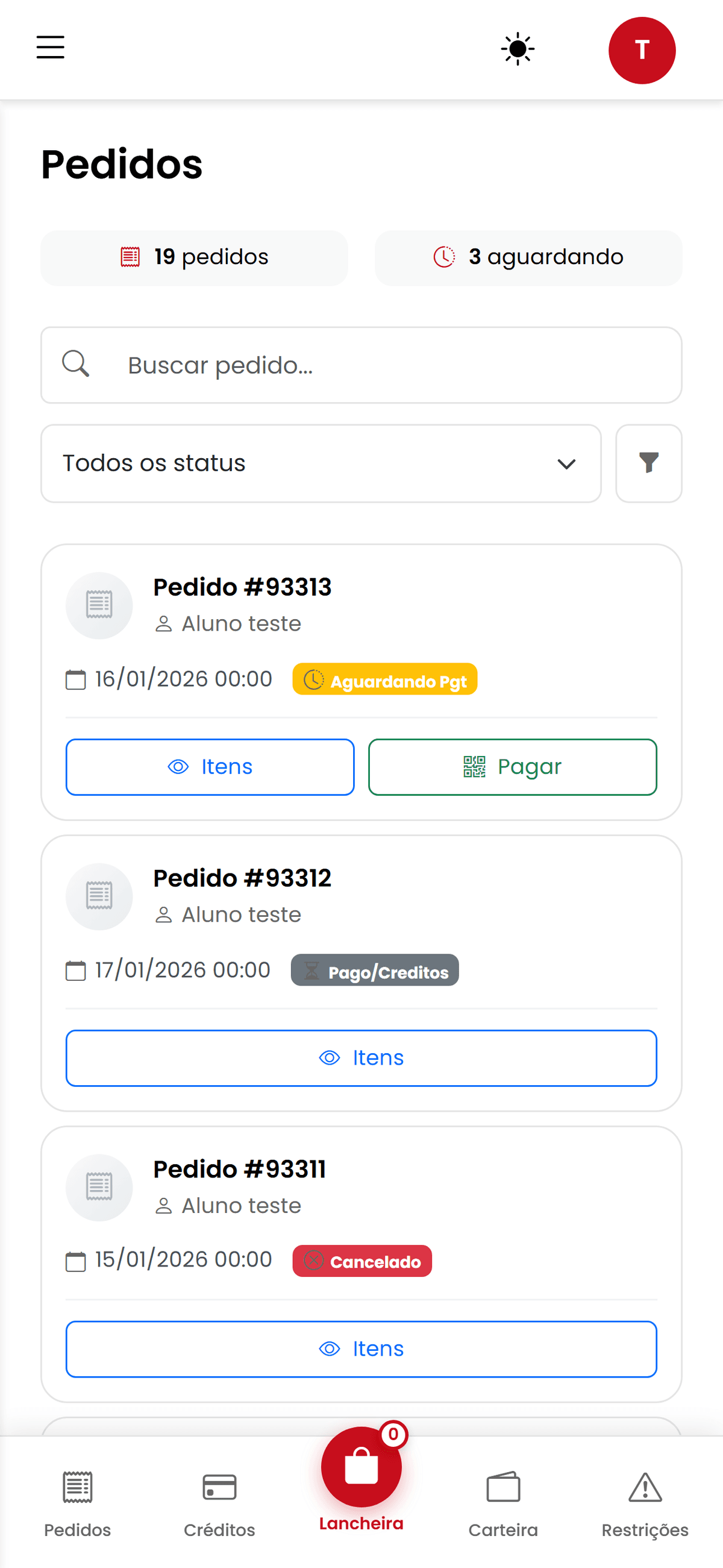 Tela de pedidos da Lancher