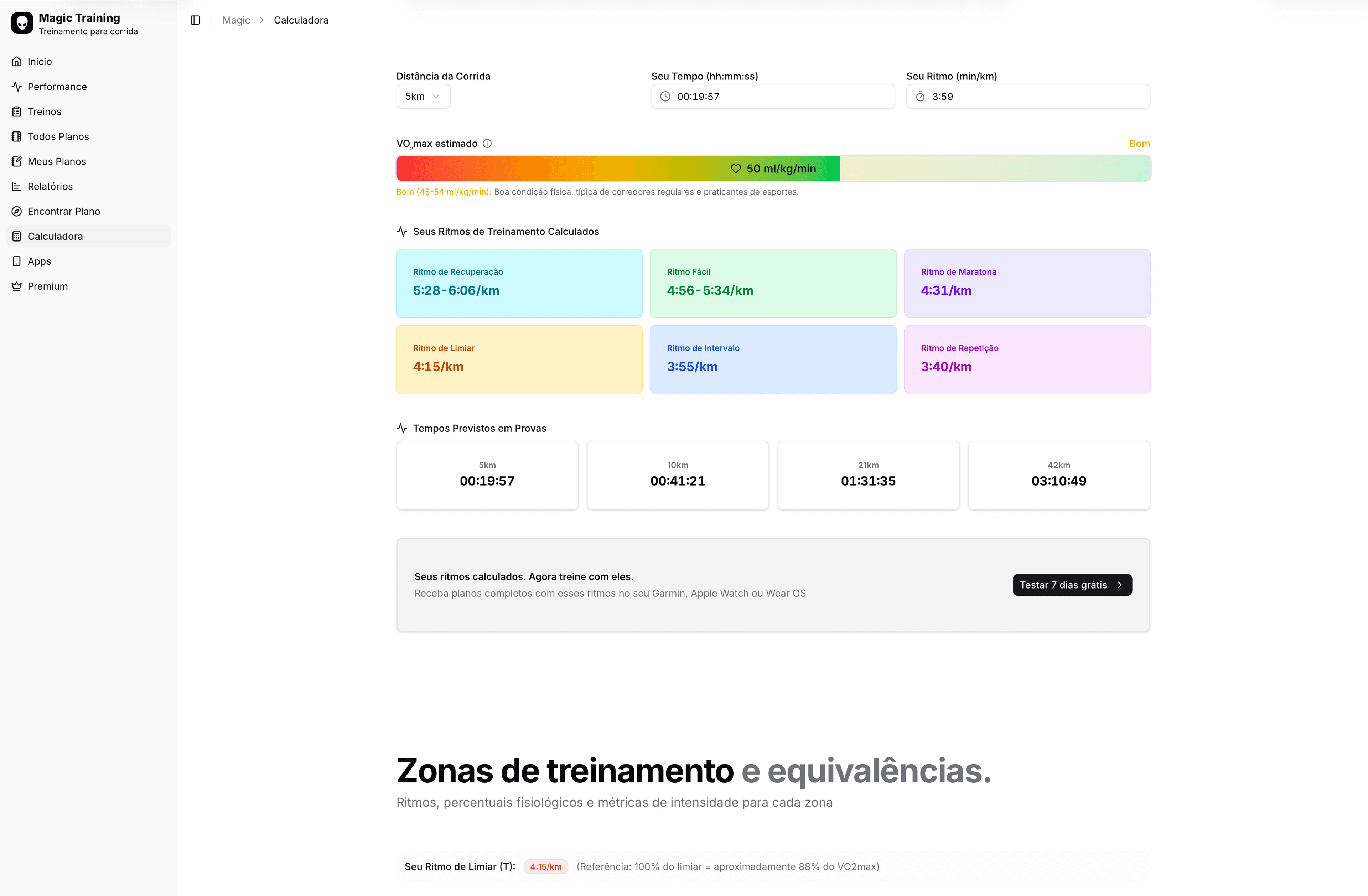 Magic Training — calculadora VDOT e paces personalizados