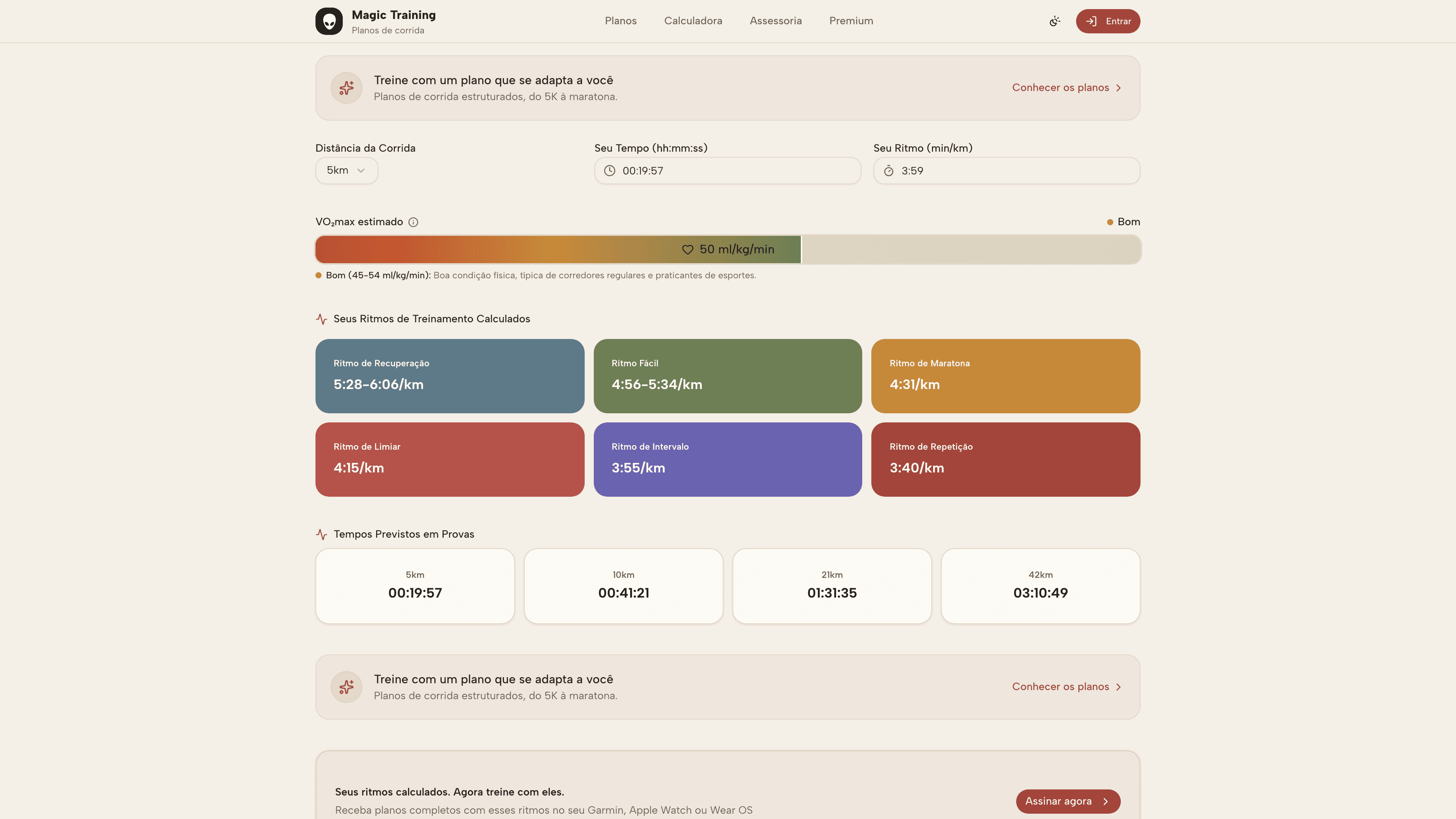 Magic Training: calculadora VDOT e paces personalizados