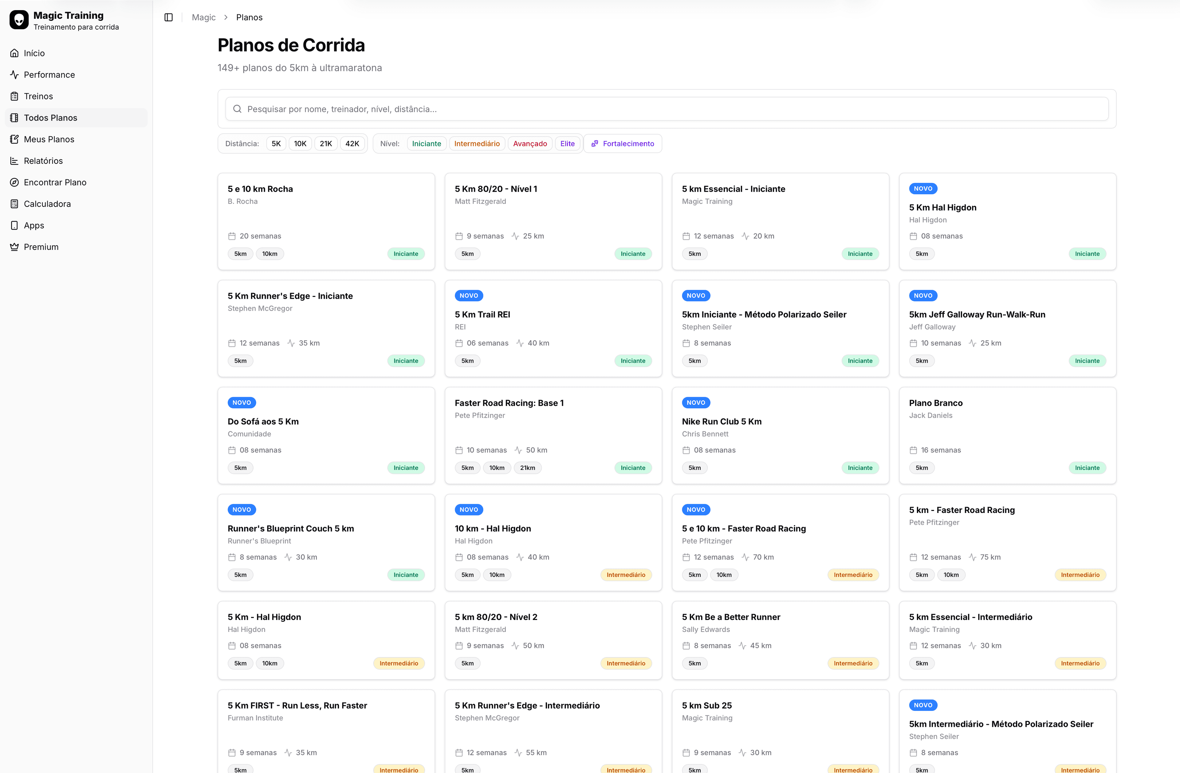 Magic Training — biblioteca de planos de corrida